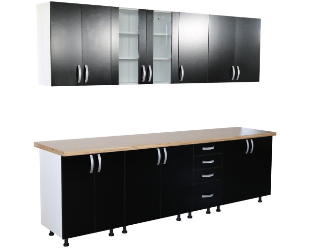 Bucatarie Zebra 260 cm din PAL Negru cu blat termoizolant crem